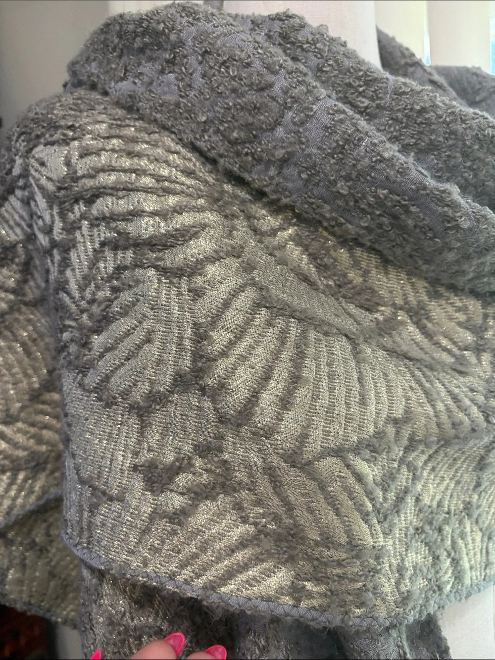 Textured metallic gold gray floral textured pattern Fringe Shawl Wrap